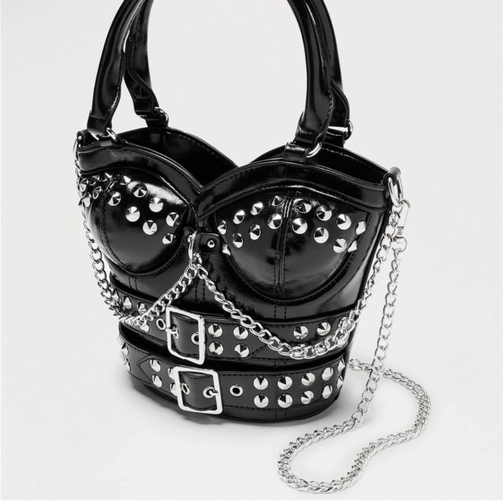 Fashion Nova Heart Throb Black Studded Corset Chain-Accent Shoulder Bag w/ Chain - Picture 11 of 13
